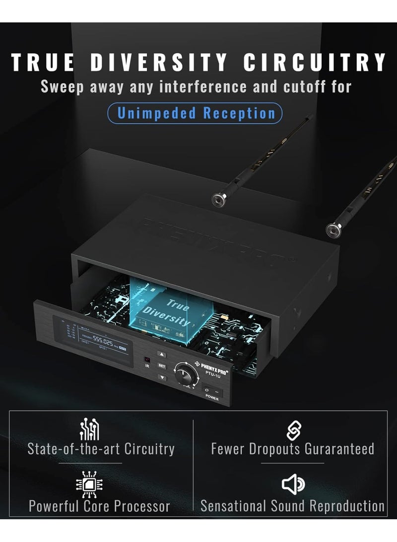 Phenyx Pro True Diversity Wireless Microphone System, Single UHF Cordless Mic, 1000 Tunable Channels, Auto Scan Professional Dynamic Mic for Singing, Stage, Studio, Recording (PTU-1U) - Image 4